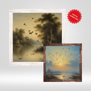 Bandada de pájaros Vintage Wall Art conjunto de 2/ River Print / Vintage Prints / Descarga digital / Birds Flying / Birds Print/ Vintage Birds Prints