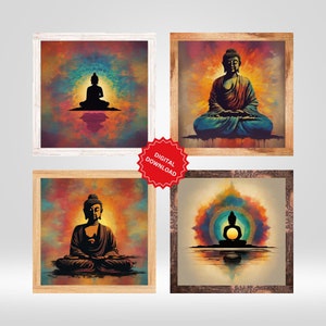 Enlightened Buddha Wall Art Set of 4  | Buddha Painting | Vintage Buddha Posture | Buddha Print | Buddha Digital Print| Zen Wall Art