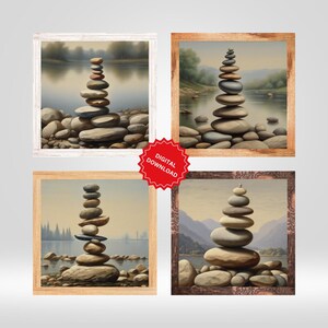 May include: Four digital art prints of stone stacks in different natural settings. Each print features a stack of stones balanced on top of each other, with a background of a lake, mountains, and trees. The prints are framed in different colors of wood.