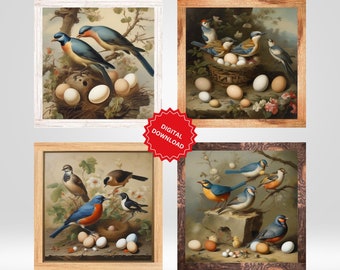 Vintage Bird Prints Set of 4 | Cute Botanical Bird Paintings | Antique Nature Wall Art | Cottagecore Printable Wall Decor