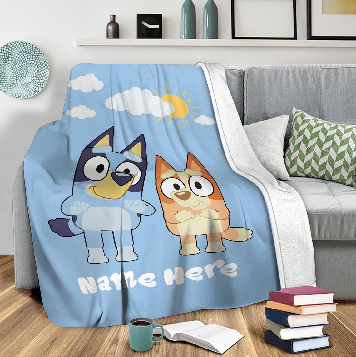 Personalized Bluey Blanket, Bluey Family Soft Cozy Sherpa Fleece Throw