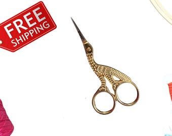 Stork/Bird Embroidery Small Beauty Fancy Scissors Cross Stitch Sewing Craft Thread Snips Multipurpose Scissors Precision Blades Gold 3.5"