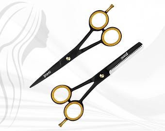 Professional Barber Salon Hairdressing Hair Cutting and Thinning Scissors Shears Set Black 5.5 Inch