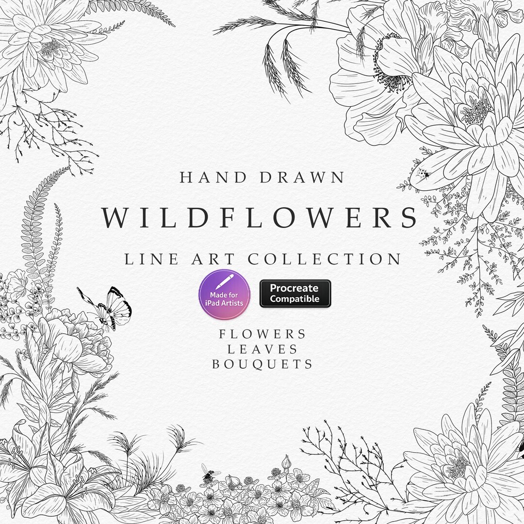 Procreate Floral Stamp Brushes, 91 Botanical Line Art Stamps for ...