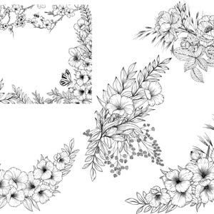 A collection of Black line art floral arrangement designs featuring various flowers and plants.