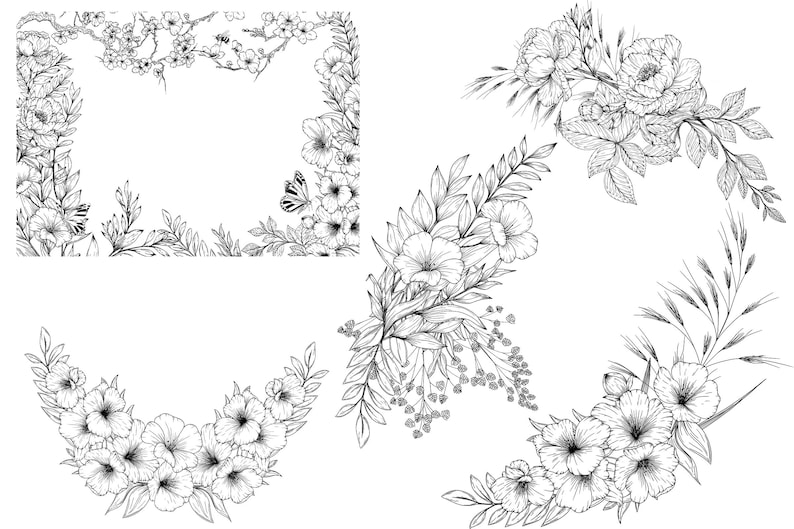 A collection of Black line art floral arrangement designs featuring various flowers and plants.