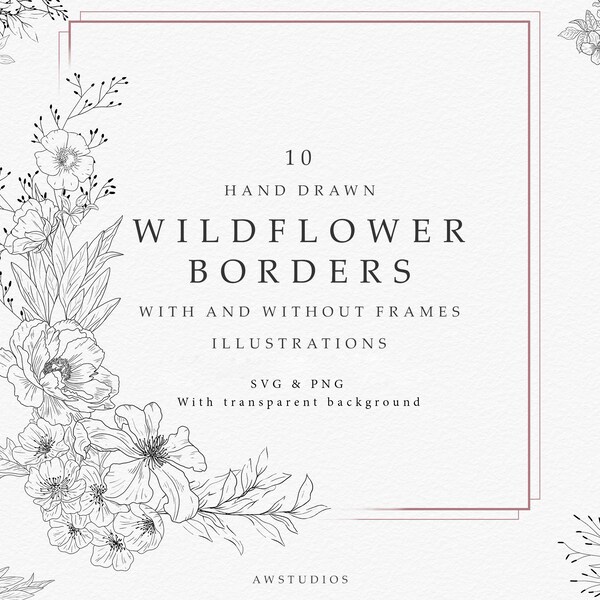 Wildflower Borders SVG Set: Hand-Drawn Floral Line Art, Wedding Clip Art, Flower Graphics