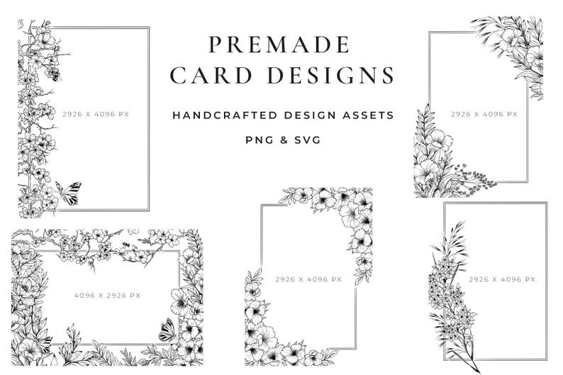 A collection of Premade invitations designs featuring various flowers and plants.