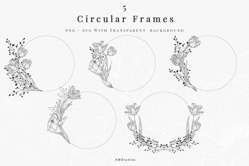 Intricate floral frames filled with a charming assortment of flowers and foliage on a cream background