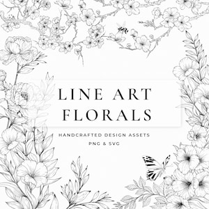 Può includere: Asset di design floreali in bianco e nero. L'immagine presenta vari fiori, foglie, una farfalla e un'ape. Il testo sull'immagine recita "LINE ART FLORALS" e "HANDCRAFTED DESIGN ASSETS PNG & SVG".