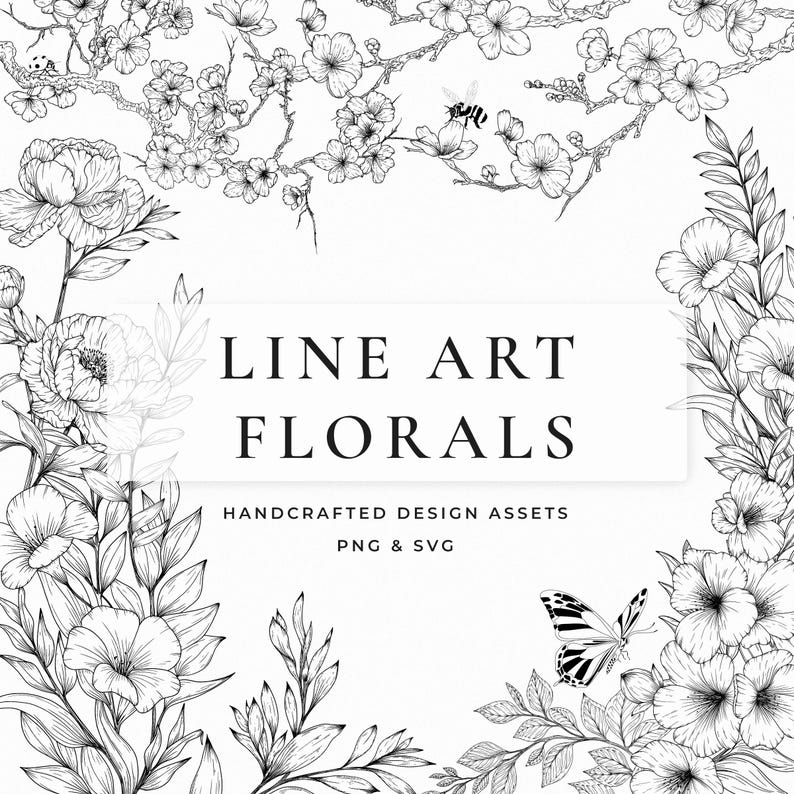 A collection of line art floral illustrations featuring various flowers and plants in png and svg formats.