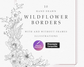 Znaczki Procreate Wildflower Border, ręcznie rysowane pędzle kwiatowe na iPada