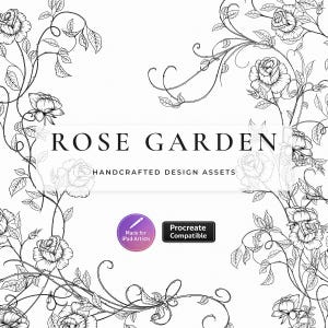 Procreate Rose Garden Stamps, 21 Hand Drawn Floral Brushes with Premade Card Designs