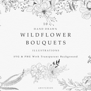 Dessins au trait fleurs sauvages, dessin au trait floral, clipart fleurs, illustrations florales, fabrication de cartes, graphiques de mariage et albums de coupures