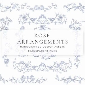 Rose Arrangements preview — 5 fine-line rose compositions framed with floral details, transparent PNG and SVG