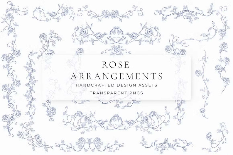Rose Arrangements preview — 5 fine-line rose compositions framed with floral details, transparent PNG and SVG