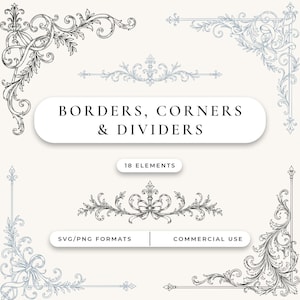 Imágenes prediseñadas de bordes, esquinas y divisores ornamentados, 18 marcos con adornos vintage, PNG y SVG en negro y azul, descarga instantánea para uso comercial.