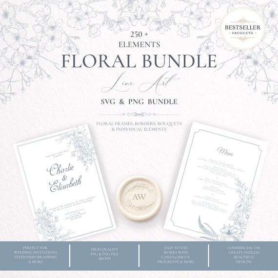 Floral SVG Bundle, 200+ Botanical Clipart PNG for Wedding Invitations and Cricut
