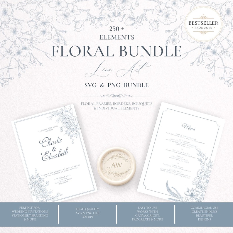 Floral SVG bundle cover showing 200+ fine-line botanical clipart designs including roses, wildflowers, chinoiserie florals and line-art elements, displayed with wedding invitation and menu mockup