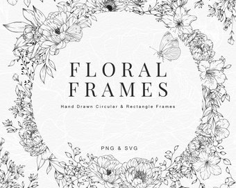 Floral Line Art Frames, 31 Fine Line Wedding Invitation Frames SVG PNG