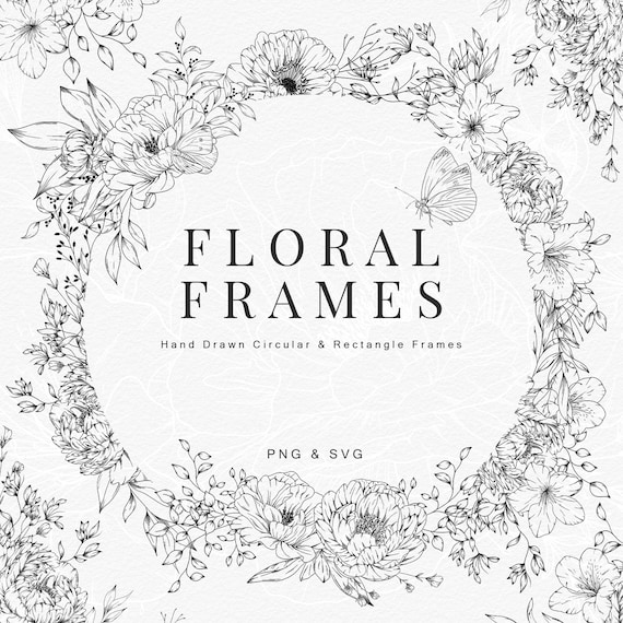 Floral Line Art Frames, 31 Fine Line Wedding Invitation Frames SVG PNG