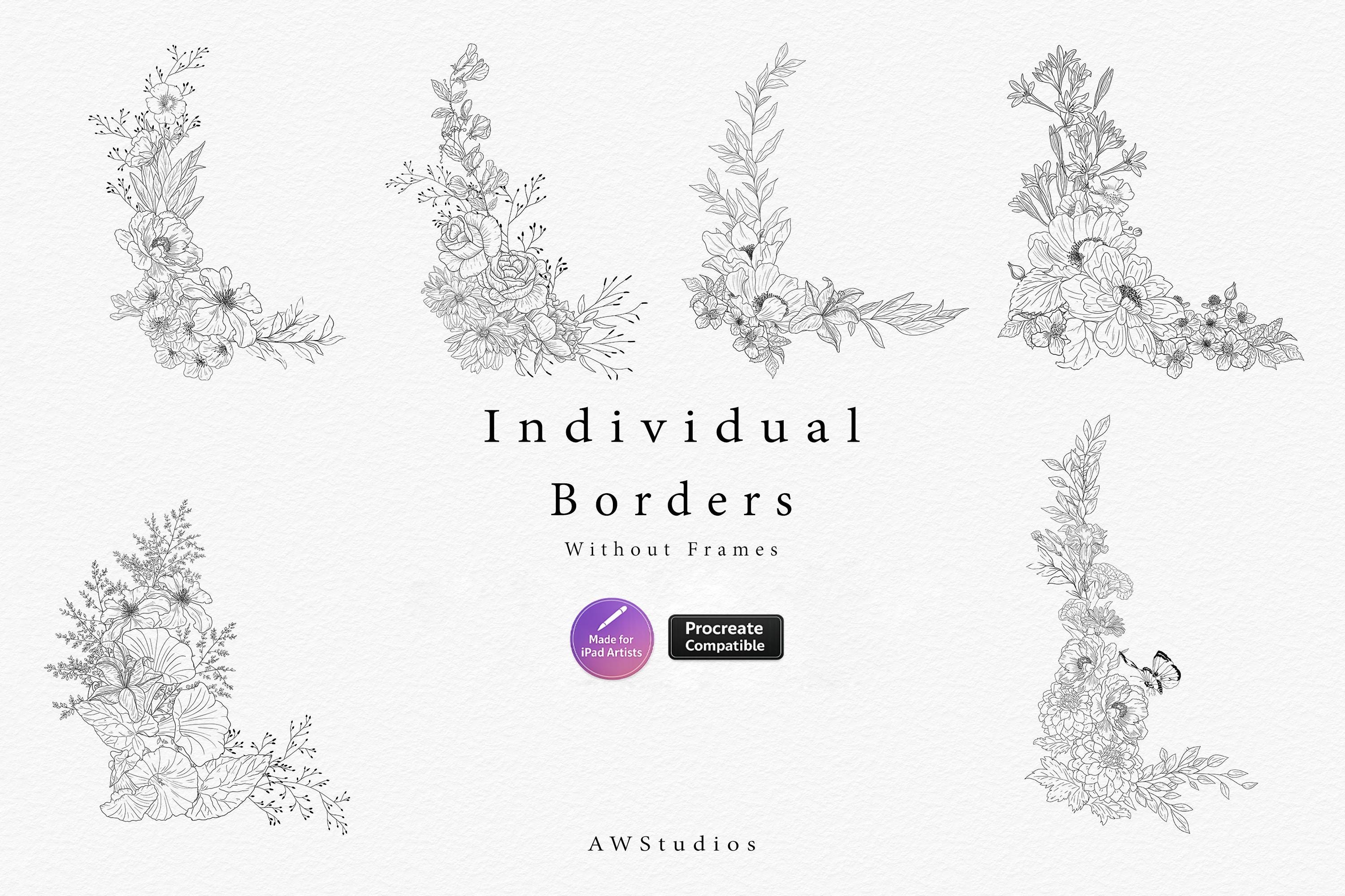 Procreate Wildflower Border Stamps, Hand Drawn Floral Brushes for iPad ...