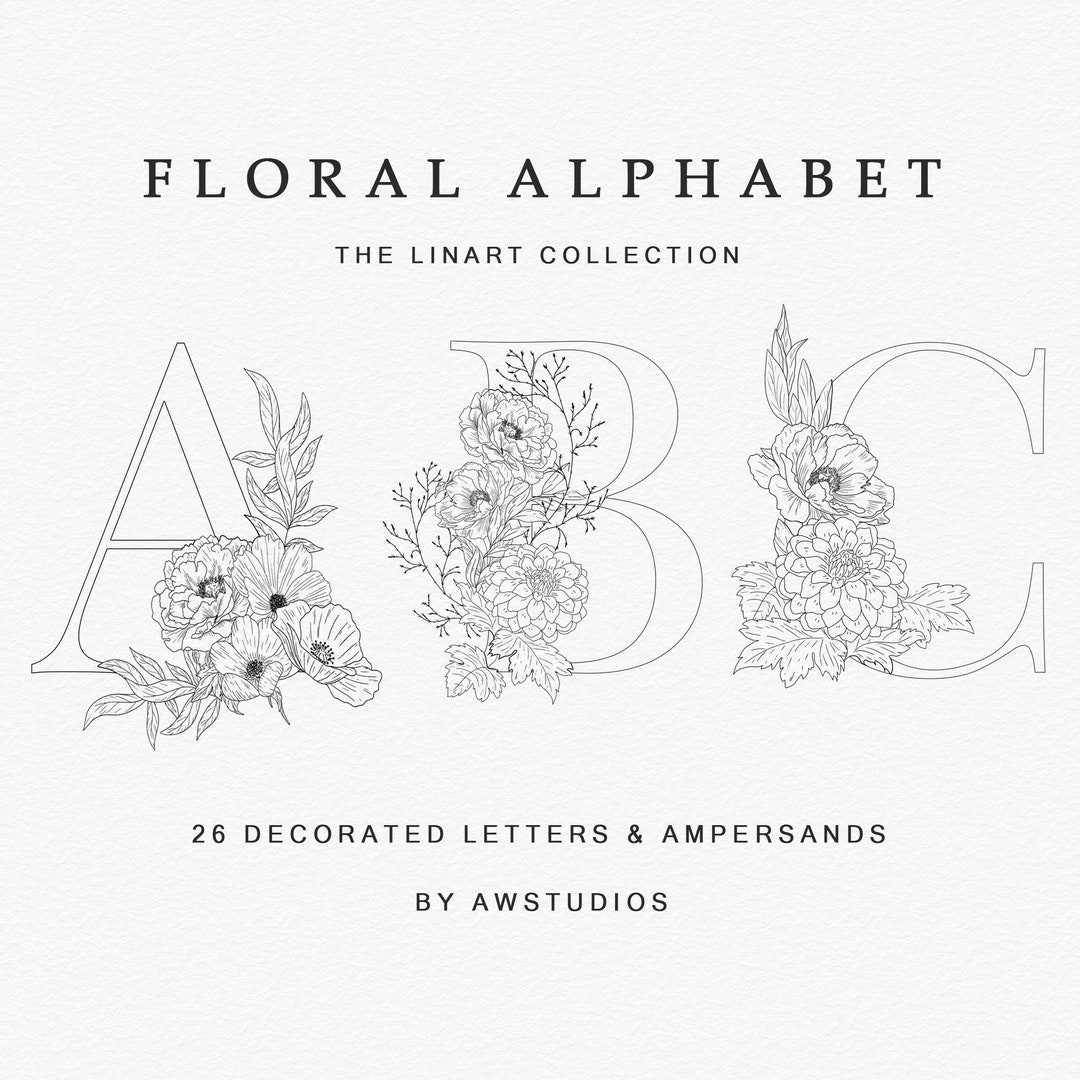 Floral Alphabet Letters, Floral Line Art, Complete Alphabet Set