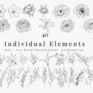 Grid of individual floral elements — single flowers, leaves and sprigs ready to drag into projects