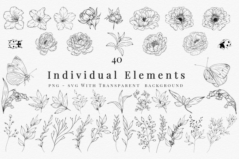 Grid of individual floral elements — single flowers, leaves and sprigs ready to drag into projects