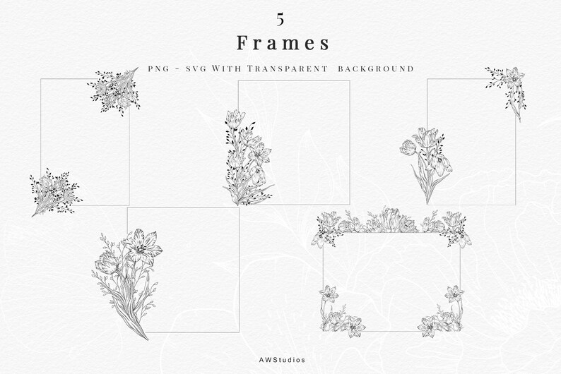 Intricate floral frames filled with a charming assortment of flowers and foliage on a cream background