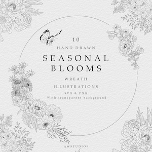 Ilustraciones de arte lineal de coronas de flores silvestres circulares, clip art floral, ilustraciones florales, gráficos vectoriales dibujados a mano
