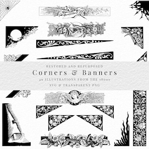 Vintage Corner and Banners, Floral Illustrations, vintage border design, antique art
