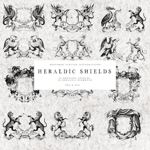 Vintage Heraldic Shield Illustration Pack, Medieval Crest & Coat of Arms Clipart