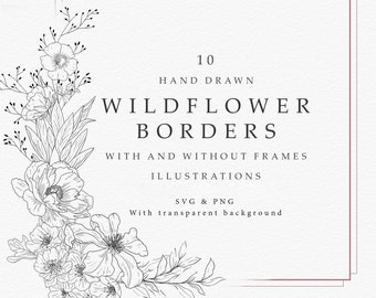 Wildblumen Border Clipart, Fine Line Floral SVG PNG für Hochzeitseinladungen und Cricut