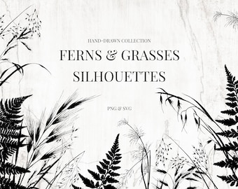 May include: Black and white silhouettes of ferns and grasses. Hand-drawn collection, PNG & SVG.