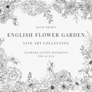 花のイラスト、花のクリップアート、イングリッシュフラワーガーデン、花の線画、結婚式の招待状、ブランディング、ギフト。