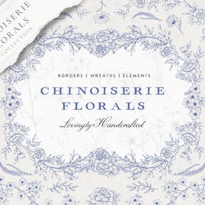 Chinoiserie florals collection cover — 29 vintage Asian-inspired flower line art elements in charcoal and elegant blue ink