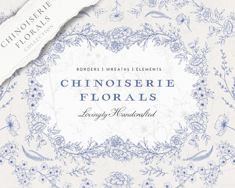 Chinoiserie florals collection cover — 29 vintage Asian-inspired flower line art elements in charcoal and elegant blue ink