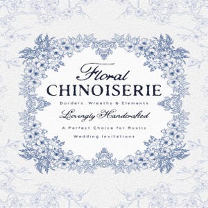 Clipart floral de chinoiserie, illustrations florales, clipart floral, couronnes botaniques et bordures pour faire-part de mariage, motifs PNG et SVG