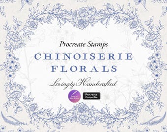 Chinoiserie & Toile Floral Procreate Stamps, 49 Vintage Botanical Brushes for iPad