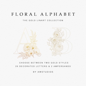 Letras do alfabeto floral, conjunto completo do alfabeto, clipart floral, ilustrações florais, arte de linha do alfabeto de flor dourada