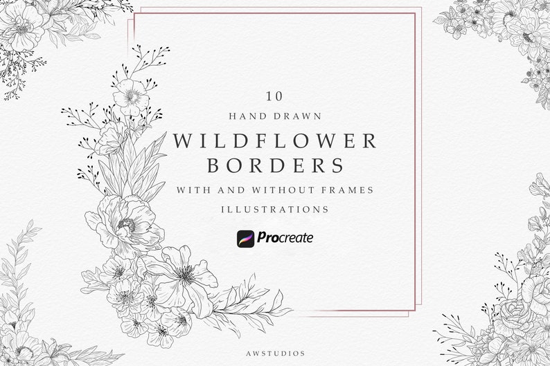 Procreate Floral Line Art, Wildflower Border Stamps, Procreate Brushes ...