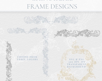 Chinoiserie Rose Frame Clipart, Fine Line Vintage Wedding Invitation PNG SVG