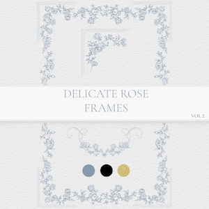 Clipart di bordo di rose vintage, cornice per invito di nozze a linee sottili PNG SVG, pacchetto di ghirlande floreali