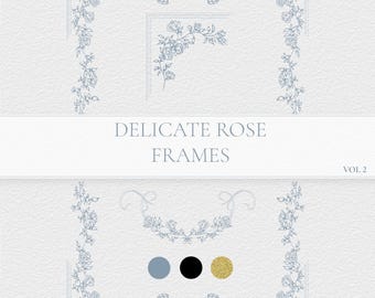 Vintage Rose Border Clipart, Fine Line Wedding Invitation Frame PNG SVG, Floral Wreath Bundle