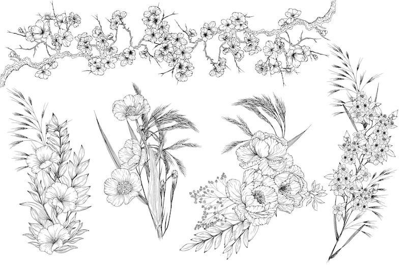 A collection of Black line art floral arrangement designs featuring various flowers and plants.