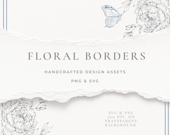 Floral Border SVG Bundle, Fine Line Botanical Wreath Clipart PNG for Cricut