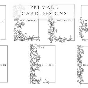 Premade card design templates with botanical accents and rose detailing for wedding stationery