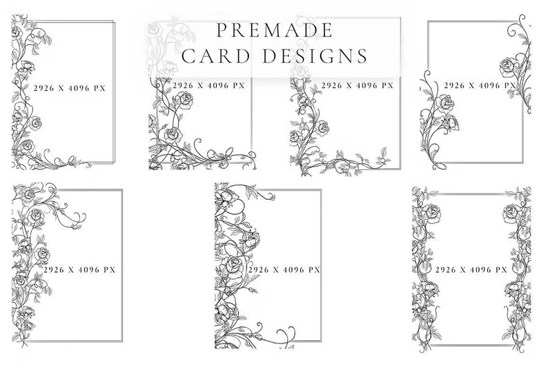 Premade card design templates with botanical accents and rose detailing for wedding stationery
