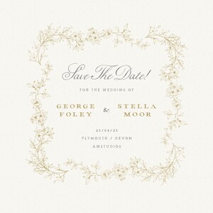 Wedding invitation suite mockup featuring botanical line art frames and floral accents around bride and groom names